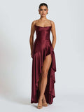 Sexy halter dress with ruffled, irregular hem.