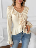New solid color sweet and gentle V-neck ruffled top T-shirt