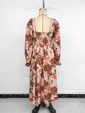 Retro French romantic and elegant printed dress with square neckline and slits