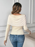 U-neck off-the-shoulder sweater with butterfly knot design and long sleeves