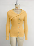 Pearl embellished solid color asymmetrical V-neck slim-fit sweater