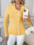Pearl embellished solid color asymmetrical V-neck slim-fit sweater