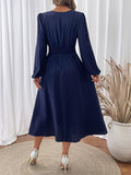 New holiday ethnic style waist v-neck blue embroidered dress