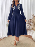 New holiday ethnic style waist v-neck blue embroidered dress