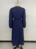 New holiday ethnic style waist v-neck blue embroidered dress