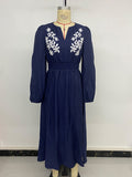 New holiday ethnic style waist v-neck blue embroidered dress