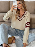 Preppy loose long-sleeved striped V-neck sweater