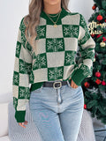 Christmas Snowflake Plaid Lantern Long Sleeve Pullover Sweater