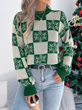 Christmas Snowflake Plaid Lantern Long Sleeve Pullover Sweater