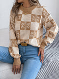 Christmas Snowflake Plaid Lantern Long Sleeve Pullover Sweater