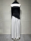 Black and white colorblock tube top solid color open back slit dress
