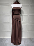 Dark brown tube top solid color open back slit dress
