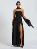 Strapless solid color open back slit dress