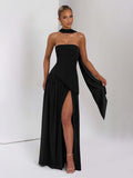 Strapless solid color open back slit dress