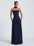 Strapless solid color open back slit dress