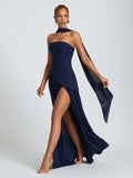 Strapless solid color open back slit dress