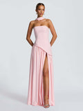 Strapless solid color open back slit dress