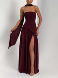 Strapless solid color open back slit dress