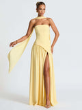 Strapless solid color open back slit dress