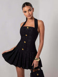New Adjustable Gold Buckle Halter Neck Braided Pleated Dress