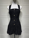 New Adjustable Gold Buckle Halter Neck Braided Pleated Dress