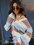 Women's contrast color V-neck long-sleeved loose V-neck knitted cardigan sweater