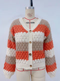 Women's contrast color V-neck long-sleeved loose V-neck knitted cardigan sweater