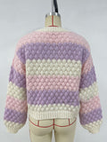 Women's contrast color V-neck long-sleeved loose V-neck knitted cardigan sweater