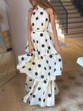 New Polka Dot Print Halter Neck Sleeveless Top Cake Skirt Set