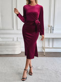 Women's mid-length slit skirt long-sleeved hip dress