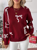 Christmas style sweet round neck bow jacquard sweater
