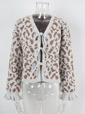 Leopard jacquard tie cardigan knitted cropped sweater jacket