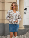 Leopard jacquard tie cardigan knitted cropped sweater jacket