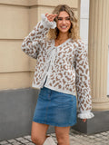 Leopard jacquard tie cardigan knitted cropped sweater jacket