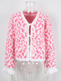 Leopard jacquard tie cardigan knitted cropped sweater jacket
