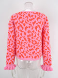 Leopard jacquard tie cardigan knitted cropped sweater jacket