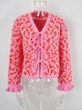 Leopard jacquard tie cardigan knitted cropped sweater jacket