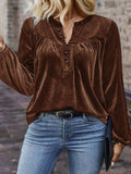 Solid color pullover V-neck casual button long-sleeved top