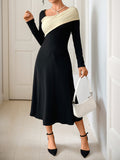 Elegant midi skirt irregular color block long sleeve dress