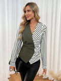 New casual tops long sleeve waist striped splicing V-neck shirt