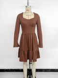New elegant retro style waist knitted solid color square neck A-line dress