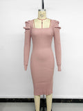 Elegant retro woolen skirt solid color square neck hip dress