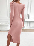 Elegant retro woolen skirt solid color square neck hip dress