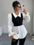 Long-sleeved waist-hugging striped V-neck shirt