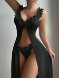 Sexy and sexy lingerie set with slits, see-through slip dress, long skirt, 2-piece set