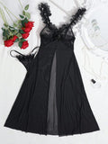 Sexy and sexy lingerie set with slits, see-through slip dress, long skirt, 2-piece set