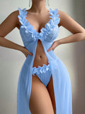 Sexy and sexy lingerie set with slits, see-through slip dress, long skirt, 2-piece set