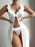 Sexy and sexy lingerie set with slits, see-through slip dress, long skirt, 2-piece set