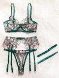New Fresh Floral Print Sexy See-through Embroidered Underwire Push-up Bra Waist Belt Leg Cover Multi-piece Set