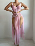 Sexy lingerie set with see-through mesh skirt and pearl chain